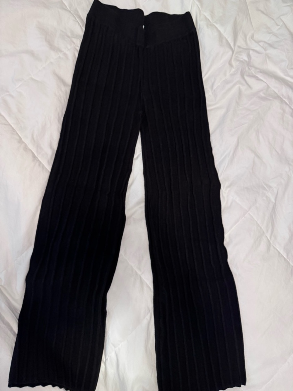 Black Ribbed Wide-Leg Knit Pants